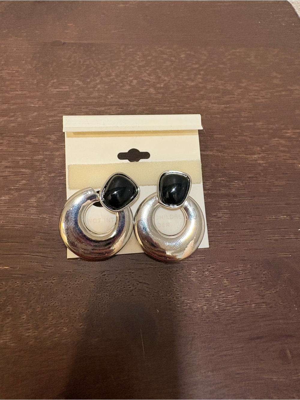 Silver Hoop Drop Earrings with Black Stone Accent Clip Ons !
